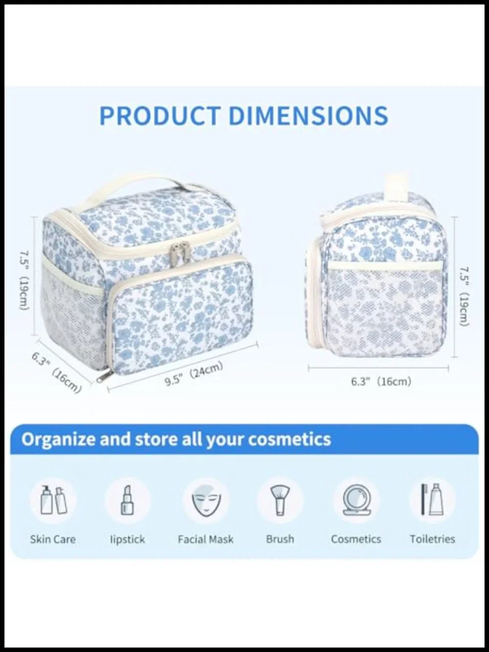 Large Vertical Makeup Bag with Brush Compartment, Quilted Toiletry Case with